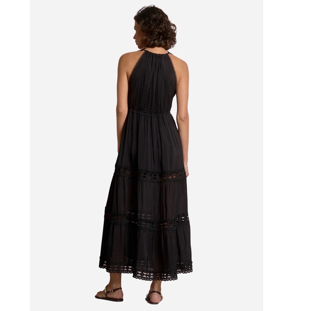 Elan Black Crochet Lace Trim Tiered Maxi Dress Halter V-Neck Tassel Accent Large - Picture 2 of 13